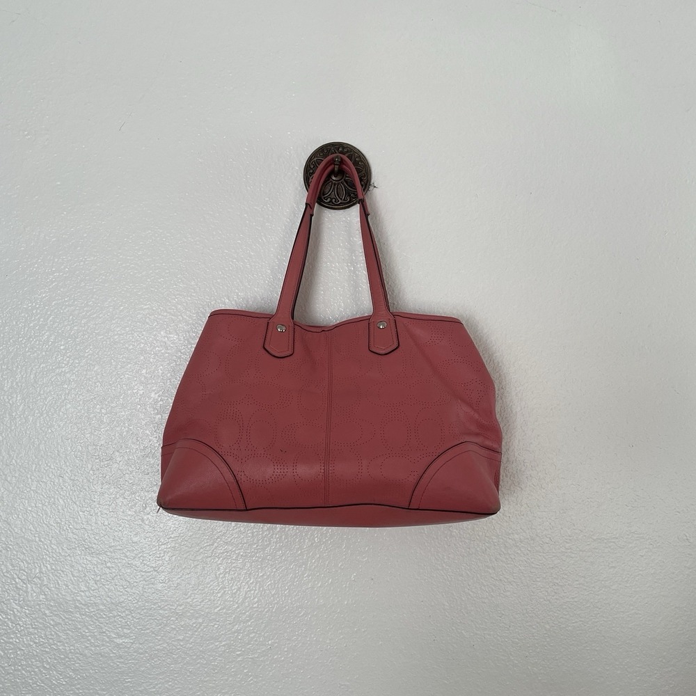 Coach 19681 Perforated Leather Carryall Satchel Shoulder Bag Tote Coral Pink
